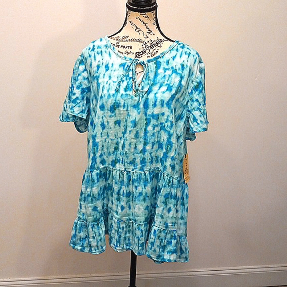Women 2X NWT Tunic Short Sleeve Tiered Top Tie Dye Casual 100% Cotton Relax Fit